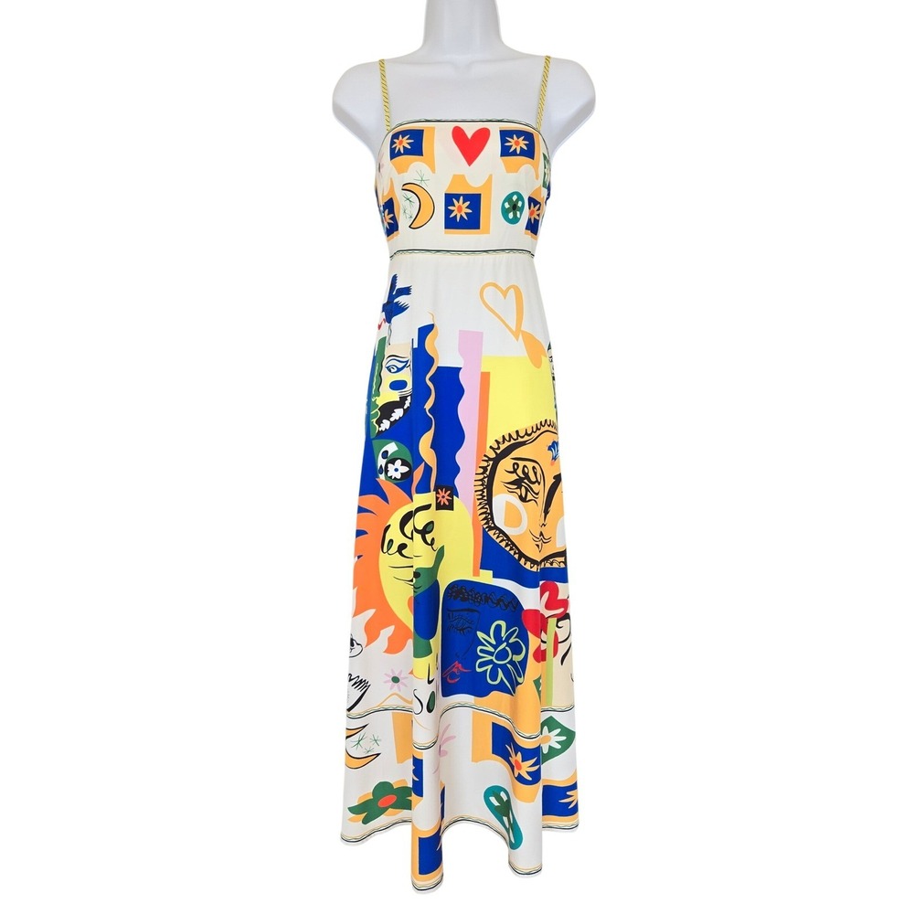 Commense Abstract Sun Moon Smocked Maxi Dress Sz S Artsy Resort Eclectic Soleil - Picture 2 of 10